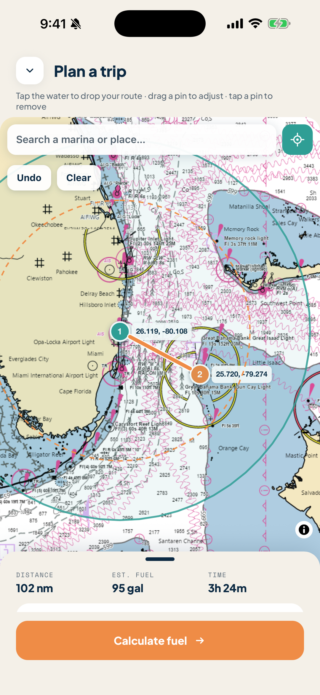 Plan — range rings on a NOAA-sourced chart: how far your fuel reaches, and the tighter ring that keeps your reserve intact