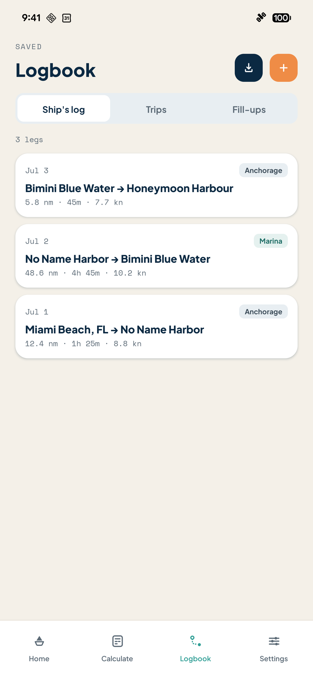 Logbook — a real ship's log: every leg with ports, times, distance and speed, beside your trips and fill-ups