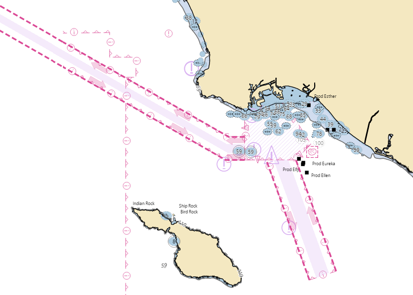 A NOAA nautical chart of the San Pedro Channel with range rings around the starting point and the destination, both inside the fuel-aboard ring and the reserve-intact ring