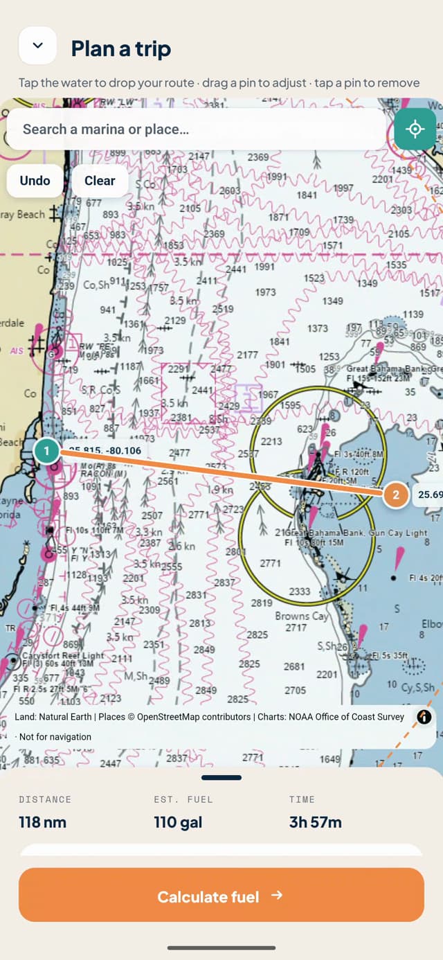 Far Enough planning a route across the water, with range rings drawn on a NOAA nautical chart